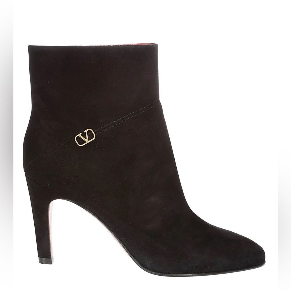 Valentino Garavani VLogo Suede Black Ankle Boots Short Heel Size EU 37 US 7